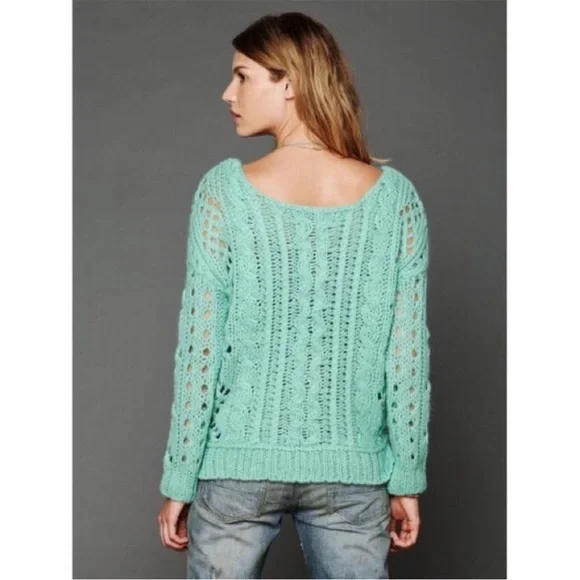 Free People Y2K Green Open Chunky Wool Mohair Blend Cable Knit Sweater Size M - Picture 5 of 16